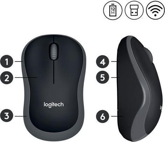Zwarte en grijze Logitech M185 muis met genummerde kenmerken en pictogrammen voor batterijduur, ontvanger en wifi.