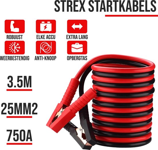 Strex Startkabels 25 mm2 - 3.5M - 750A - Extra Robuust - Auto / Bus / Vrachtwagen / Boot - Incl. Opbergtas - Strex