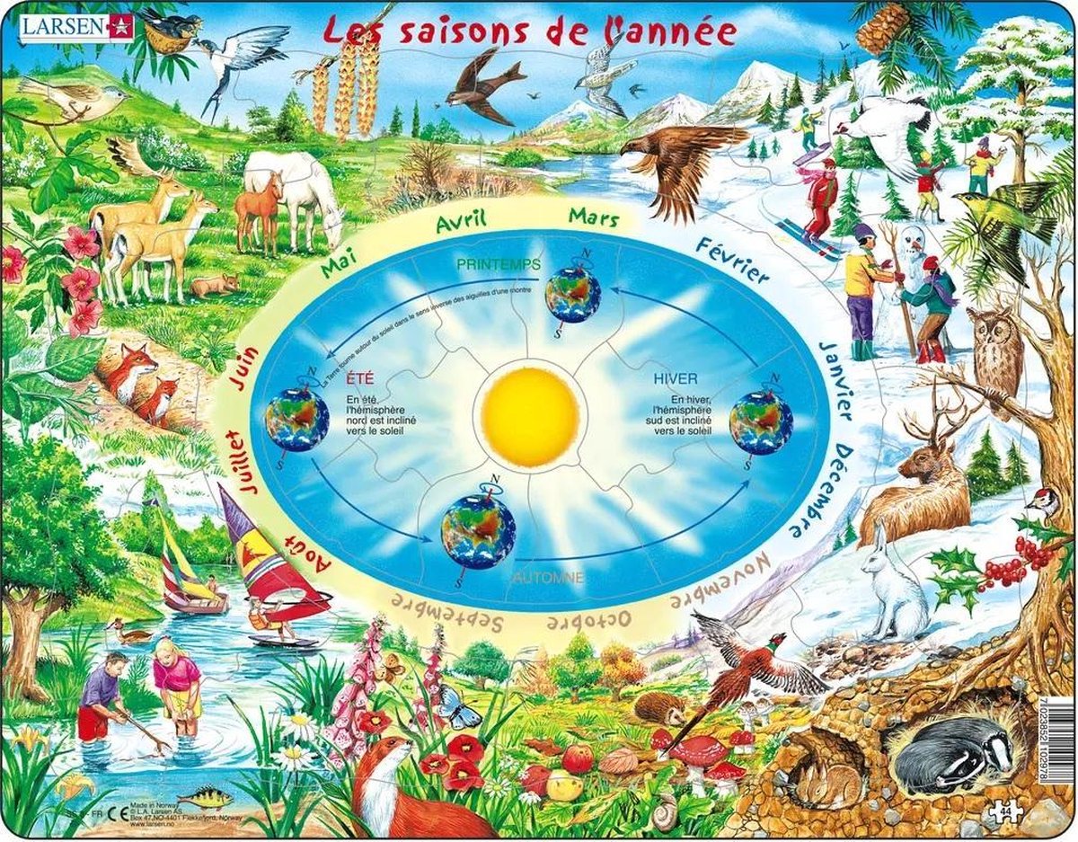 Larsen Les Saisons de l’Année – Puzzle – Temps et Nature – Saisons et Mois – Puzzle éducatif pour enfants – 44 pièces – Fabriqué en Norvège – Pièces extra épaisses de 2,5 mm – Plateau avec bord fixe