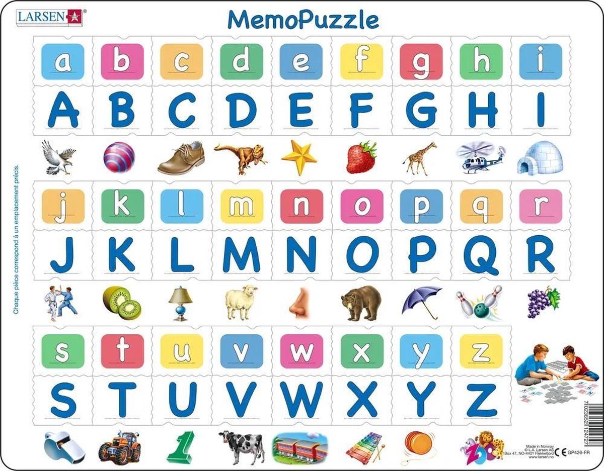 Larsen alphabet majuscules et minuscules - puzzle mémo - alphabet - lettres majuscules et minuscules - puzzle éducatif pour enfants - 52 pièces - fabriqué en norvège - pièces extra épaisses de 2,5 mm - plateau avec bord fixe