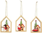 Exner|TEAL|3 Huis-Kerst hangers| Handgemaakt|Hout|13,5x9x3 cm