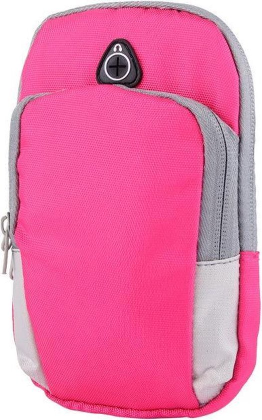 Roze sportarmband met grijze accenten en rits, voor smartphones.