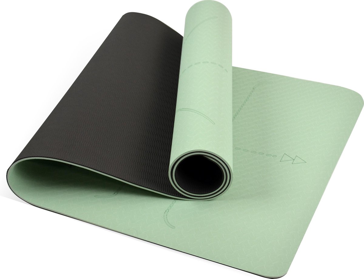 Bol.com YoZenga Premium Mat Lotus Matcha/Black - Yoga Mat - Extra Dikke Antislip TPE Sportmat - Duurzaam & Lichtgewicht - Inclus... aanbieding