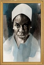 JUNIQE - Poster met houten lijst Nina Simone -40x60 /Blauw & Grijs