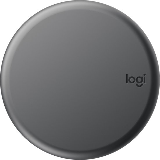 Grijze, ronde volumeknop met Logitech logo.