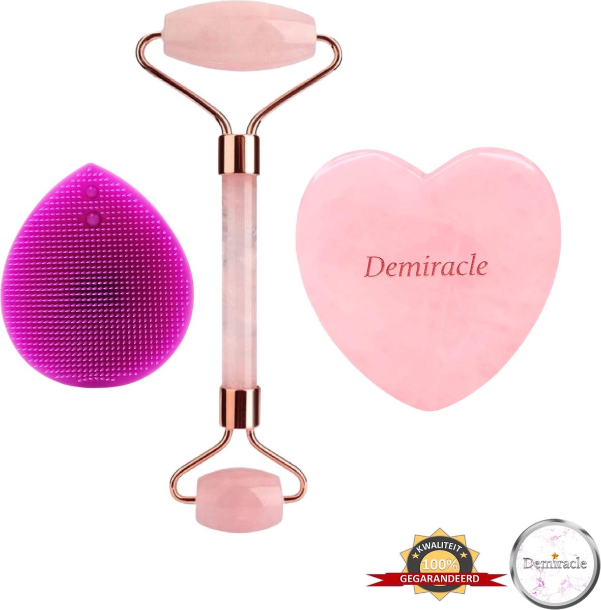 Demiracle® Face Roller & Gua Sha Love Bundle met Paarse Siliconen Gezichtsborstel – Rose Quartz – Face Rollers – Gezichtsmassage – Massagetools – Massage - Ontspanning – Kwaliteit