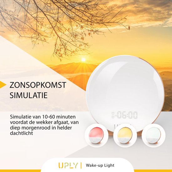 UPLY Wake Up Light - Met USB Oplaadpunt - Licht Wekker - Wekker Radio - 2 Wektijden - Digitale Wekker - 7 Kleuren