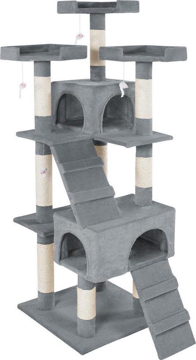 Dreamble - Kattenkrabpaal - Grijs – 171 cm - 4 Niveau's - met 2 trappen, 1 groot huis, 1 klein huis, 1 extra vrij plateau, 3 speeltouwtjes en 3 uitkijkplatformen