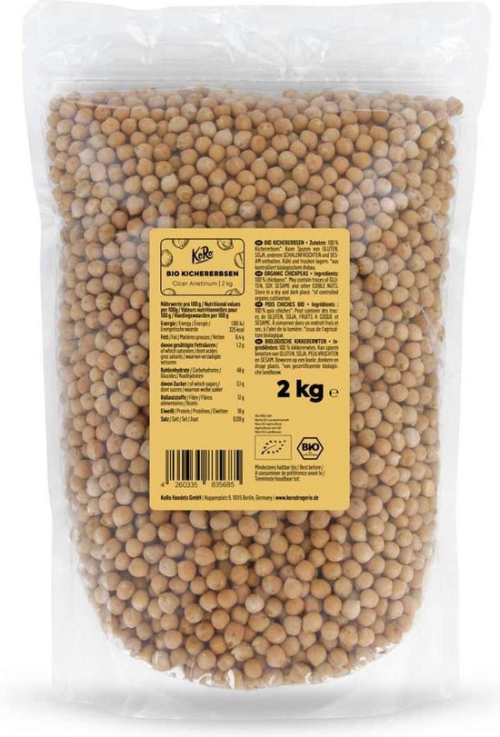 Zak van 2 kg biologische kikkererwten met label.