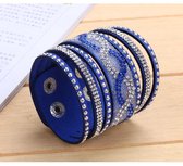 Lederen armband kristallen- Rhinestones- Donder Blauw-Cadeau Vrouw- Cadeau Meisje - Valentijn Cadeau