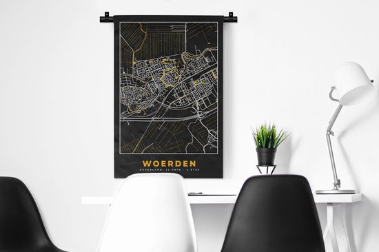 Wandkleed - Wanddoek - Plattegrond - Woerden - Goud - Zwart - 60x90 cm - Wandtapijt - Stadskaart