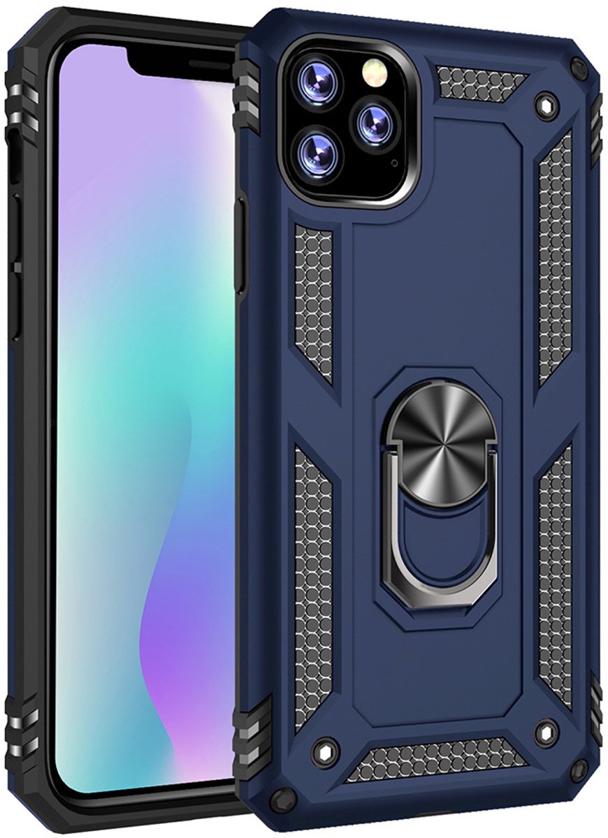 Ntech hoesje Geschikt voor iPhone 11 Pro Max Armor Ringhouder TPU - Blauw