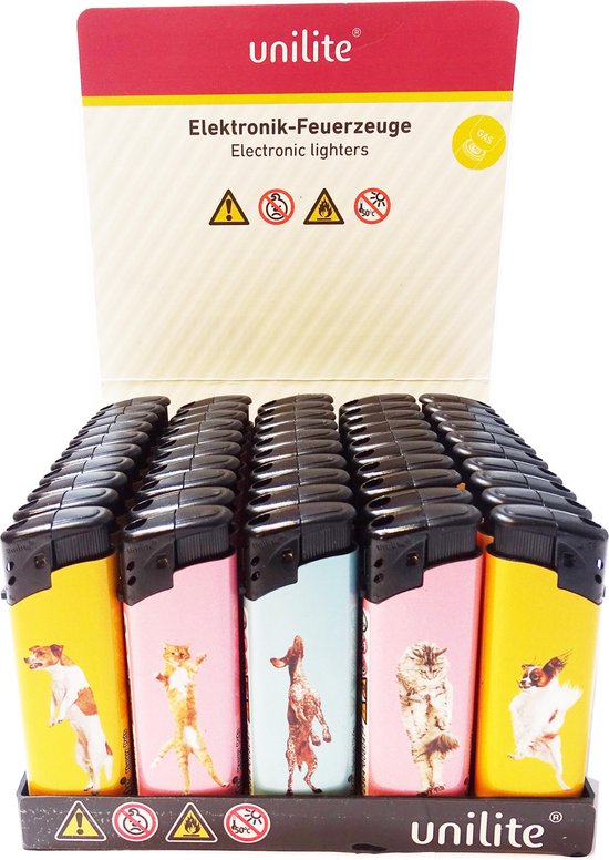 Klik aanstekers - met dieren print - 50 stuks in tray navulbaar- electronic aansteker - Happy pets- Unilite (high quality)