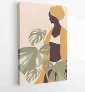 Woman portrait post with monstera leaf wall art vector set. boho earth tone line art drawing with abstract shape. 4 - Moderne schilderijen – Vertical – 1870239397 - 50*40 Vertical