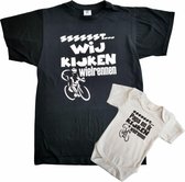 Set t-shirt en romper met "Sssssst... Wij kijken wielrennen" en "Sssssst... Papa en ik kijken wielrennen" - maat t-shirt 3XL - maat romper 68 - vaderdag, cadeautje, kraamcadeau, gr