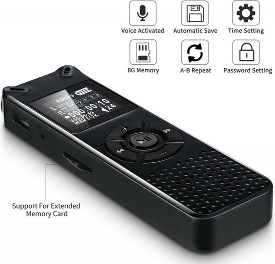 Interwinkel - Digitale spraak recorder – 32GB Interne opslag - Muziek - Audio MP3 of WAF – 35 uur opname tijd - Draadloze memo recorder – USB oplaadbaar - Zwart - Interwinkel