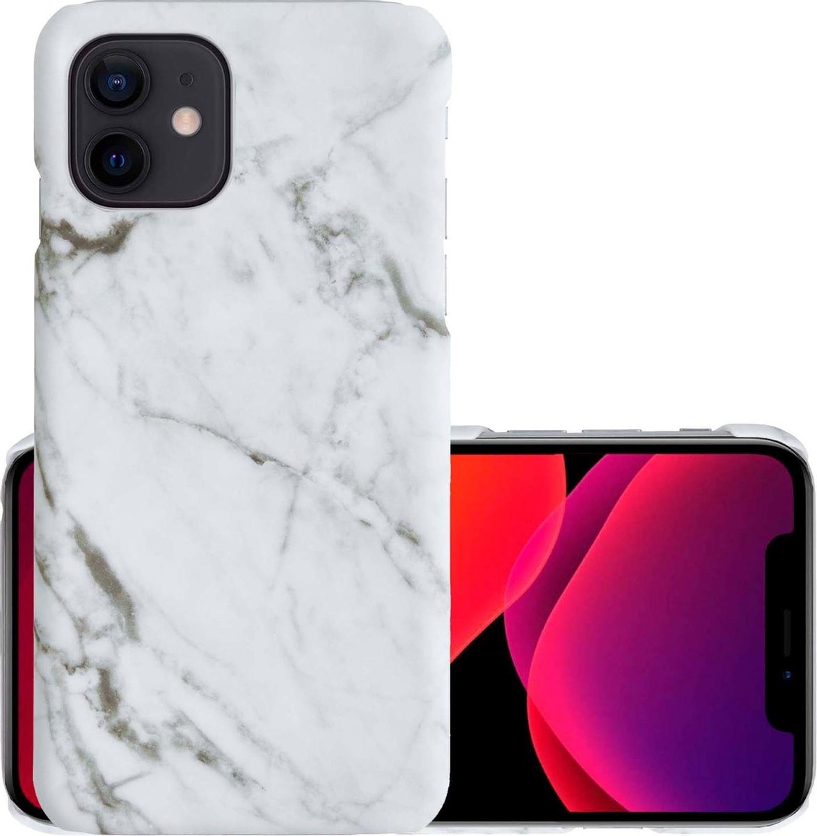 Hoes Geschikt voor iPhone 12 Hoesje Marmer Back Case Hardcover Marmeren Hoes Marmer - Wit