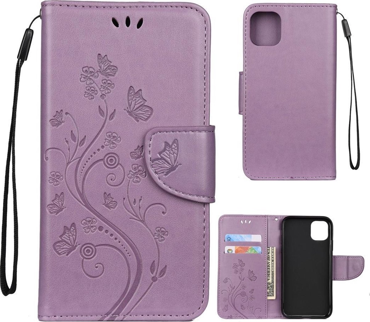 Mobigear Telefoonhoesje geschikt voor Apple iPhone 11 Hoesje | Mobigear Flowers Bookcase Portemonnee | Pasjeshouder voor 2 Pasjes | Telefoonhoesje voor Pinpas / OV Kaart / Rijbewijs - Paars