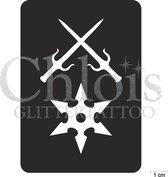 Chloïs Glittertattoo Sjabloon 5 Stuks - Martial Arts Weapons - CH6513 - 5 stuks gelijke zelfklevende sjablonen in verpakking - Geschikt voor 5 Tattoos - Nep Tattoo - Geschikt voor