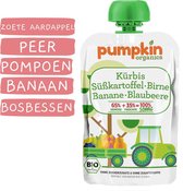 Pumpkin Organics Knijpzakje - "SONNIG" met Pompoen, Zoete Aardappel, Peer, Banaan & Bosbessen - 6 Maanden - Biologische Babyvoeding - 8 Stuks