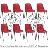 King of Chairs -set van 8- model KoC Daniëlle rood met zwart onderstel. Kantinestoel stapelstoel kuipstoel vergaderstoel tuinstoel kantine stoel stapel stoel kantinestoelen stapels