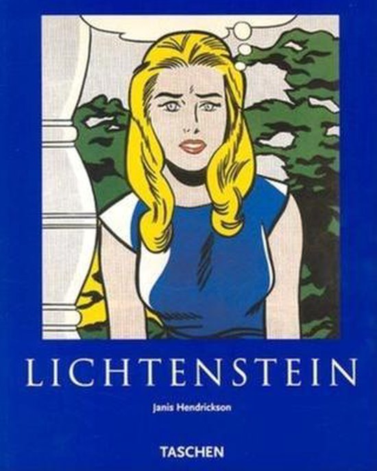 Boekomslag van 'Lichtenstein' met een afbeelding van een blonde vrouw met een bezorgde uitdrukking, in de kenmerkende stijl van Roy Lichtenstein.