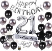 Verjaardag Versiering 21 jaar zilver Babydouche - zilveren eenentwintig jarig decoratie pakket - happy birthday slinger