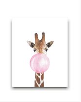Schilderij  Giraf met Roze Kauwgom - Kinderkamer - Dieren Schilderij - Babykamer / Kinder Schilderij - Babyshower Cadeau - Muurdecoratie - 40x30cm - FramedCity