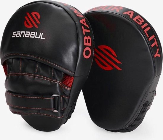 Zwarte bokshandschoenen met rode logo's en tekst, inclusief 'SANABUL' en 'YOUR ABILITY'.