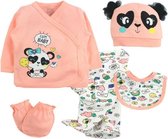 Babykledingset geboorteset kraamcadeau baby shower 5 delig: mutsje, broekje, overslagvestje, handschoentjes, slabbetje. Gemaakt van antibacteriële katoen. Panda Design