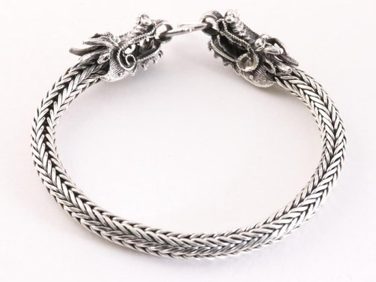 Zware zilveren snake armband met drakenkoppen - polsomtrek 18 cm