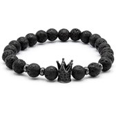 Victorious Lavasteen Kralen Armband Heren – Zwarte Kroon – Zwart – 18cm