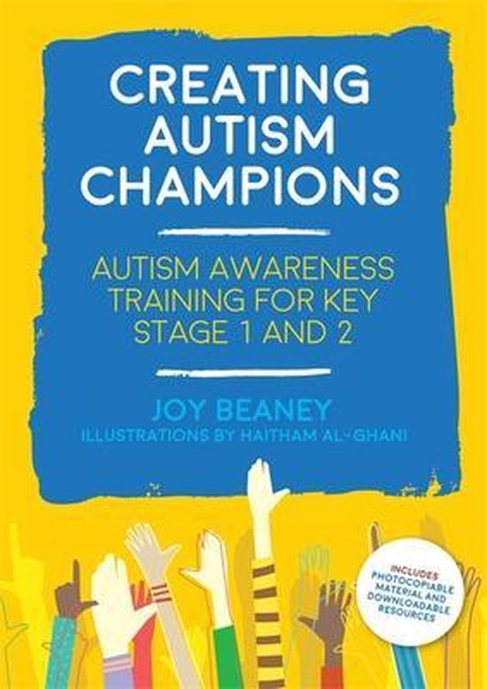 Couverture du livre 'Creating Autism Champions'. Titre bleu sur fond jaune avec des mains levées.