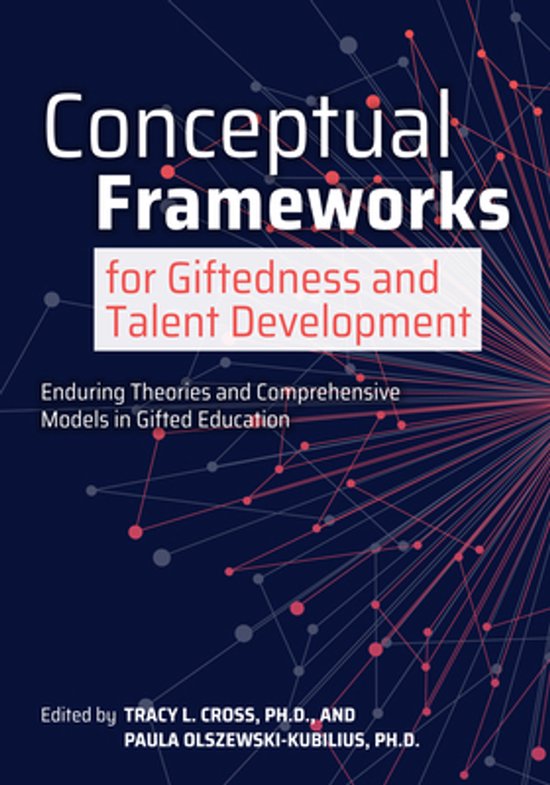 Boekomslag van 'Conceptual Frameworks for Giftedness and Talent Development' met blauwe achtergrond en rode/roze verbindende lijnen.