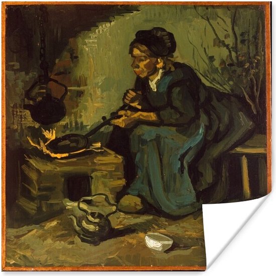 Boerin kookt bij een open haard - Schilderij van Vincent van Gogh Poster 60x80 cm - Foto print op Poster (wanddecoratie woonkamer / slaapkamer)