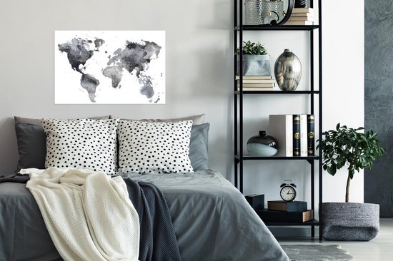 Carte du monde abstraite réalisée à l'aquarelle noire et grise 90x60 cm