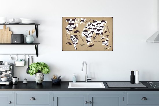Carte du monde Witte avec fond marron et illustrations de silhouettes d'animaux 60x40 cm