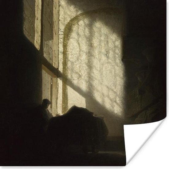 Poster Een man lezend in een hoge kamer - Schilderij van Rembrandt van Rijn - 100x100 cm XXL