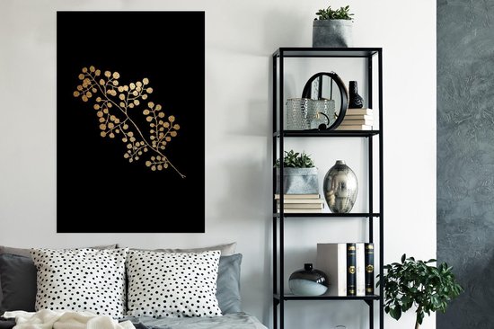 Branche à feuilles rondes dorées sur fond noir 80x120 cm