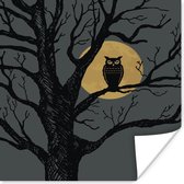 Poster Illustration à l'encre d'un hibou dans un arbre 30x40 cm - petit - Tirage photo sur Poster (décoration murale salon / chambre) / Poster Vogels