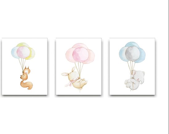 Peinture sur toile Set 3 lapin écureuil éléphant avec des Ballons - Peinture Animaux - - Chambre Enfants Chambre de bébé / Kinder Peinture - bébé Douche Cadeau - Décoration Décoration murale - 30x20cm - FramedCity