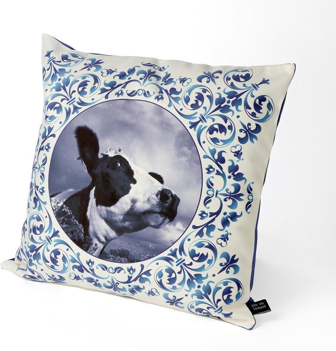 HUGS buitenkussen | Delfts blauw | koe | 50 x 50 | Nederland | uniek tuinkussen | outdoor kussen | waterafstotend
