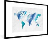 Fotolijst incl. Poster - Wereldkaart - Blauw - Marmer - 90x60 cm - Posterlijst
