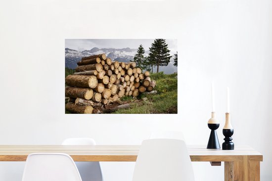 Plusieurs troncs d'arbres s'entassent dans un poster paysage de montagne enneigé 90x60 cm - Tirage photo sur Poster (décoration murale salon / chambre) / Poster Plantes