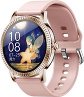 Smartwatch Rankos CF18 PRO- Goud met roze siliconen band - stappenteller- Met Meldingen- Calorieënmeter-Smartwatch Dames - voor iOS & Android- Sporthorloge-IP67 Waterbestendig-1.08