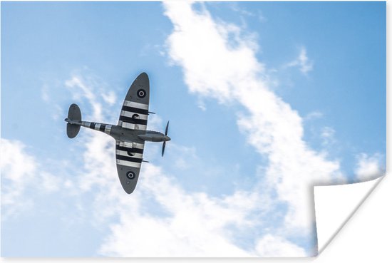 Un avion Spitfire d'en bas avec un poster ciel nuageux 120x80 cm - Tirage photo sur Poster (décoration murale salon / chambre)