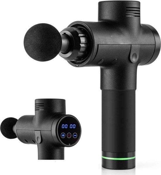 Zwarte massage gun met een ronde opzetkop en een digitaal display.