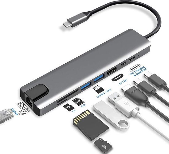 TribeTek 8-in-1 USB-C Hub - 2x USB 3.0 - 4K UHD HDMI - Adapter - Ethernet - SD TF Kaart - Output - Dock - TribeTek