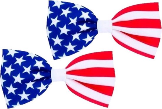 Vlinderstrikje Amerikaanse vlag - 2x stuks - 16,5 cm - verkleed strikje USA - Landen vlaggen thema feestartikelen - Amerika