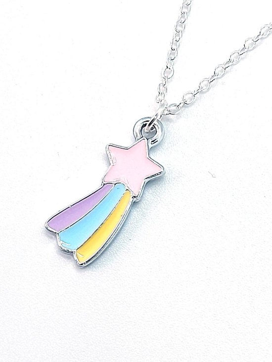 Ketting Meisje- Vallende Ster- Regenboog- Pastelkleuren- Roze- Zilver- Kind- LiLaLove